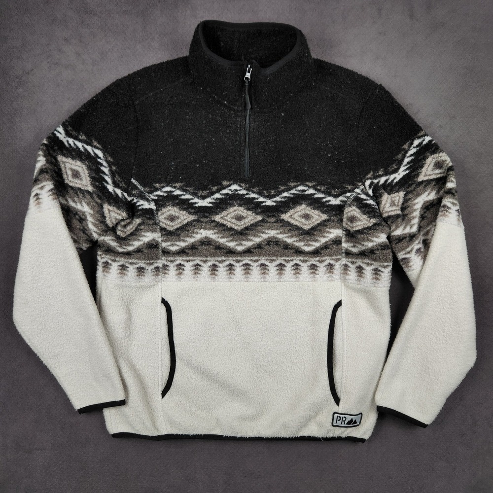 Powder River Outfitters Fleece Pullover Mens Medium Black White Aztec 1/4 Zip